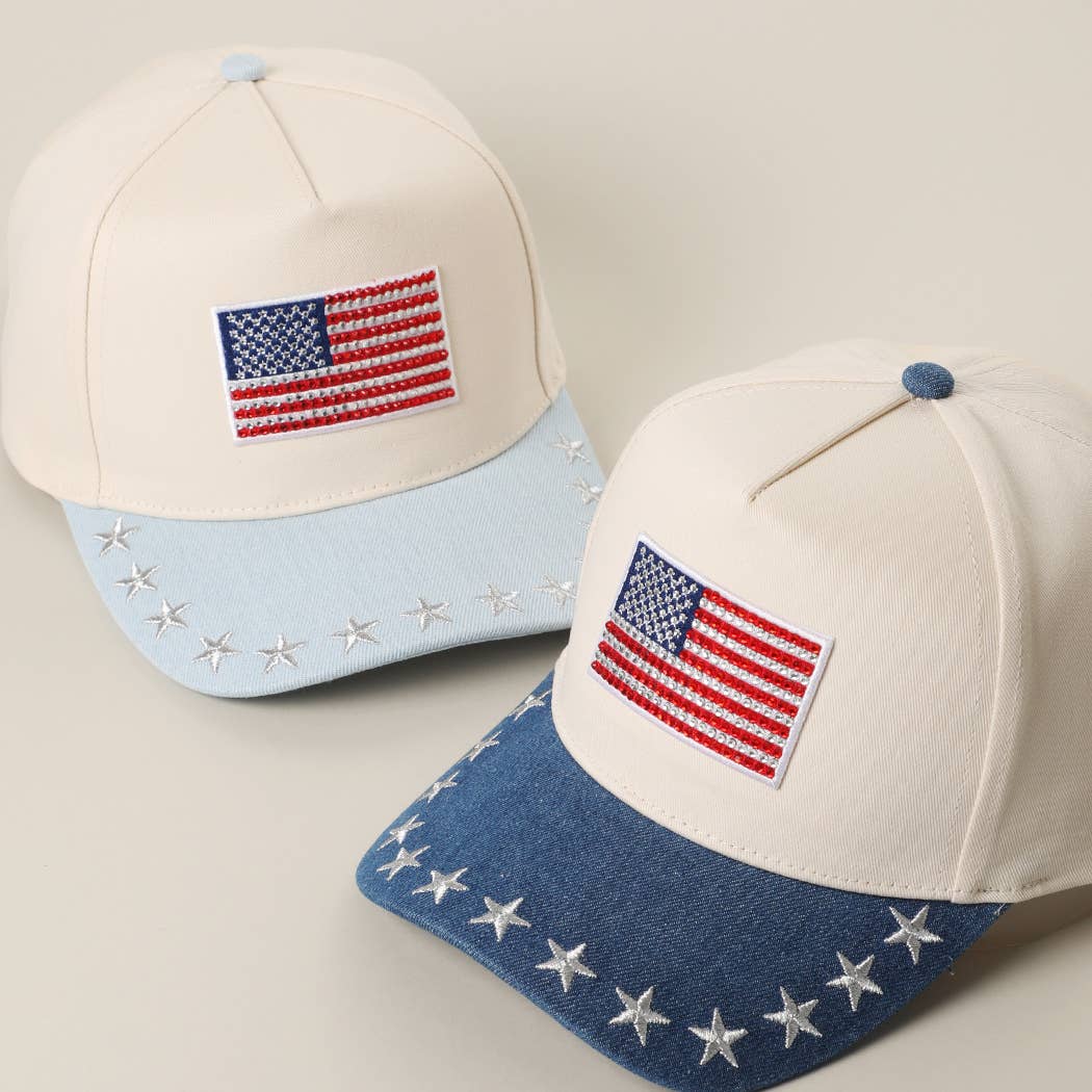 American Flag Rhinestone Patch Denim Star Brim Trucker Cap