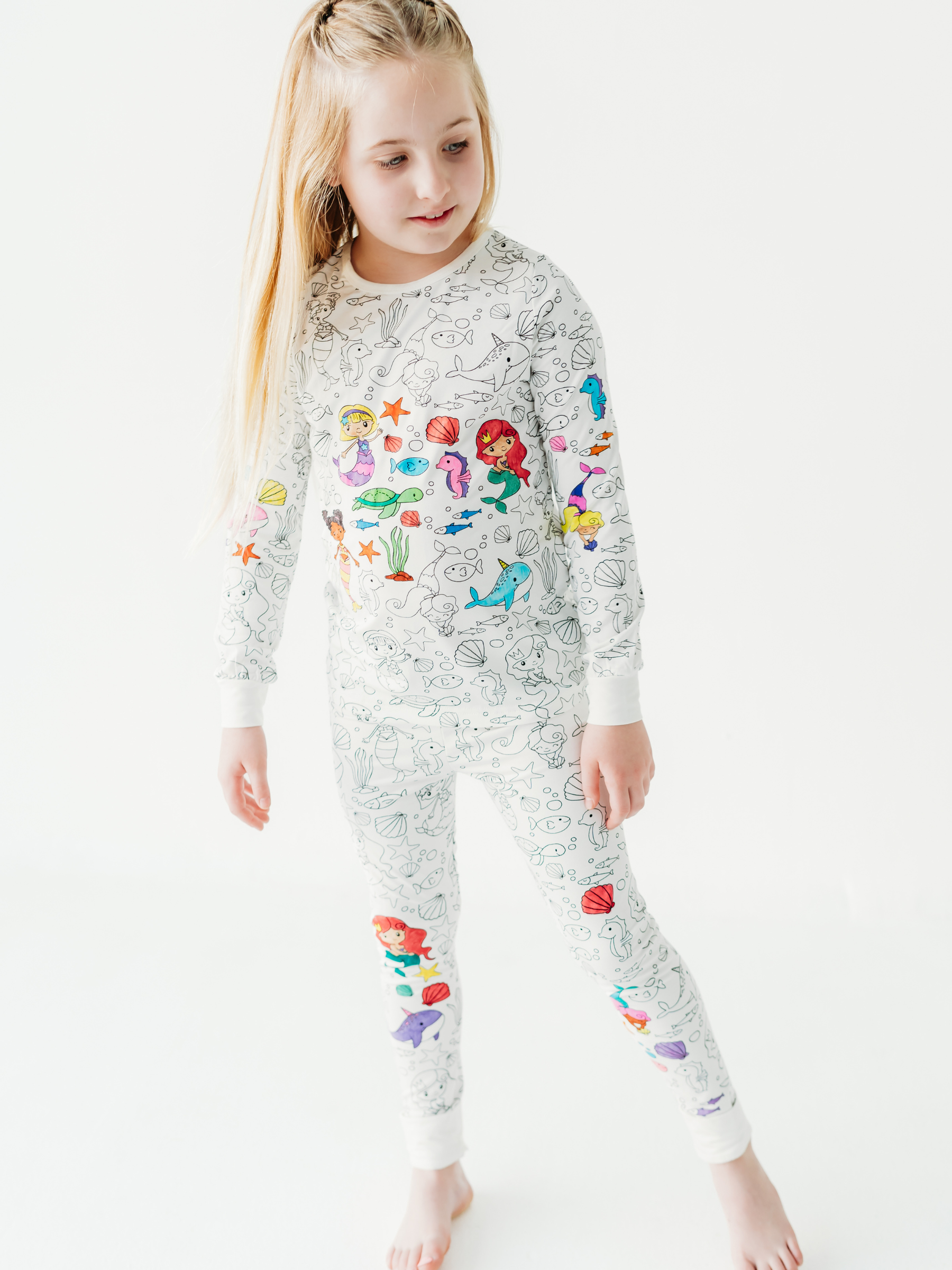 Mermaid Coloring Pajamas 2 piece set made from Bamboo: 7-8 Years