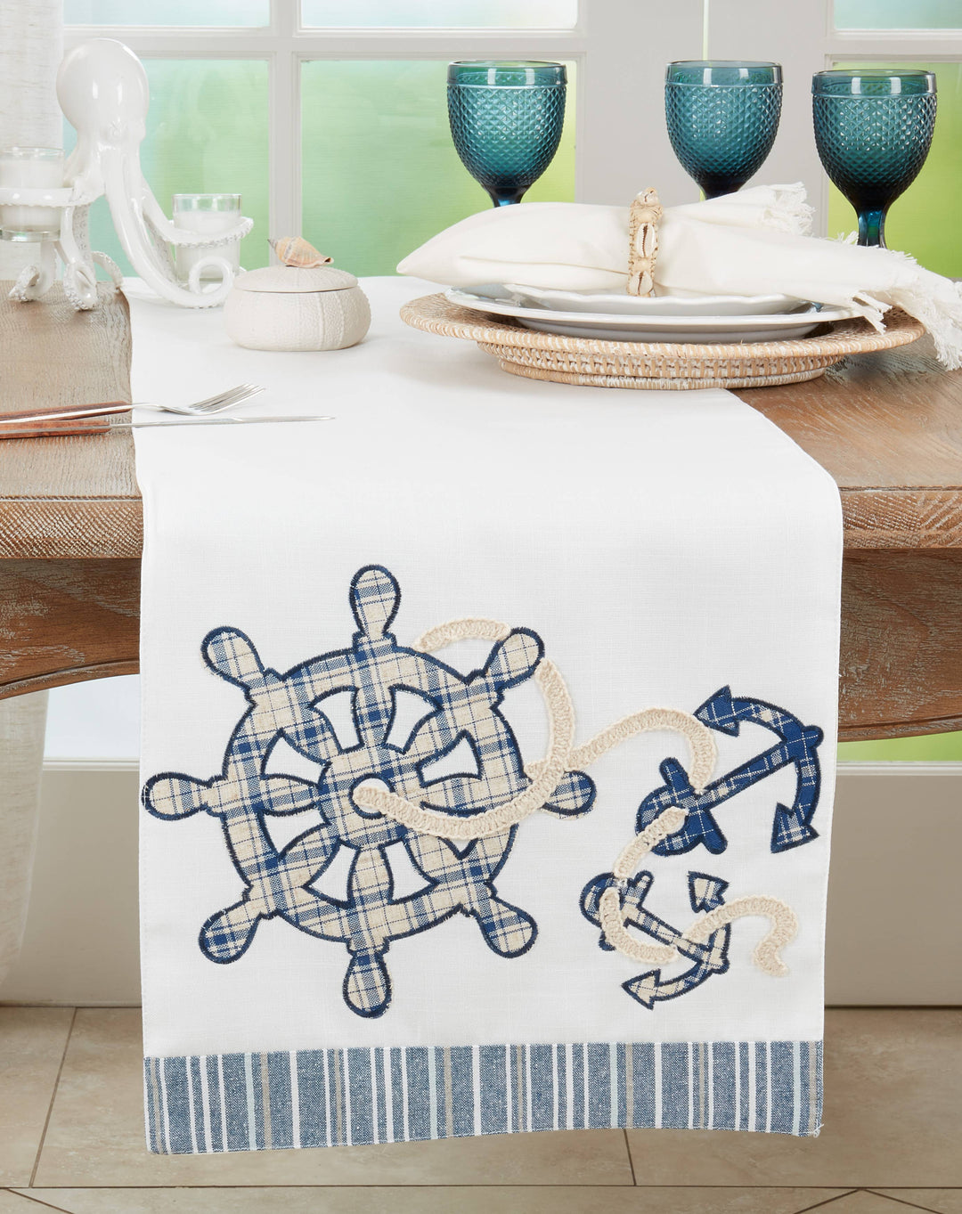 Helm and Anchor Runner: 14"x72" / Navy Blue