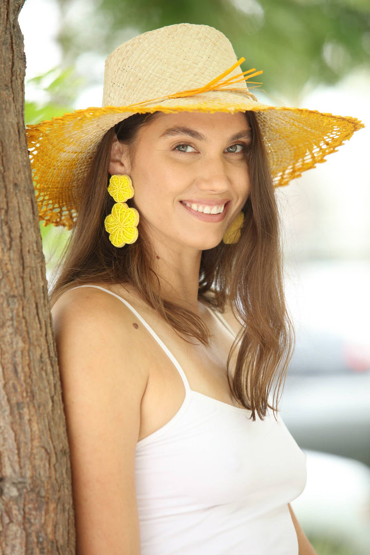 5" Brim Vanessa Ombre Straw Sun Hats with Lace Weave Edge: Saffron