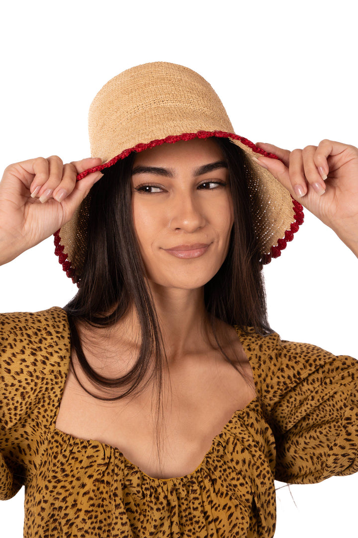 3" Kate Crochet Bucket Straw Hats W/ Colored Lace Weave Edge: Natural