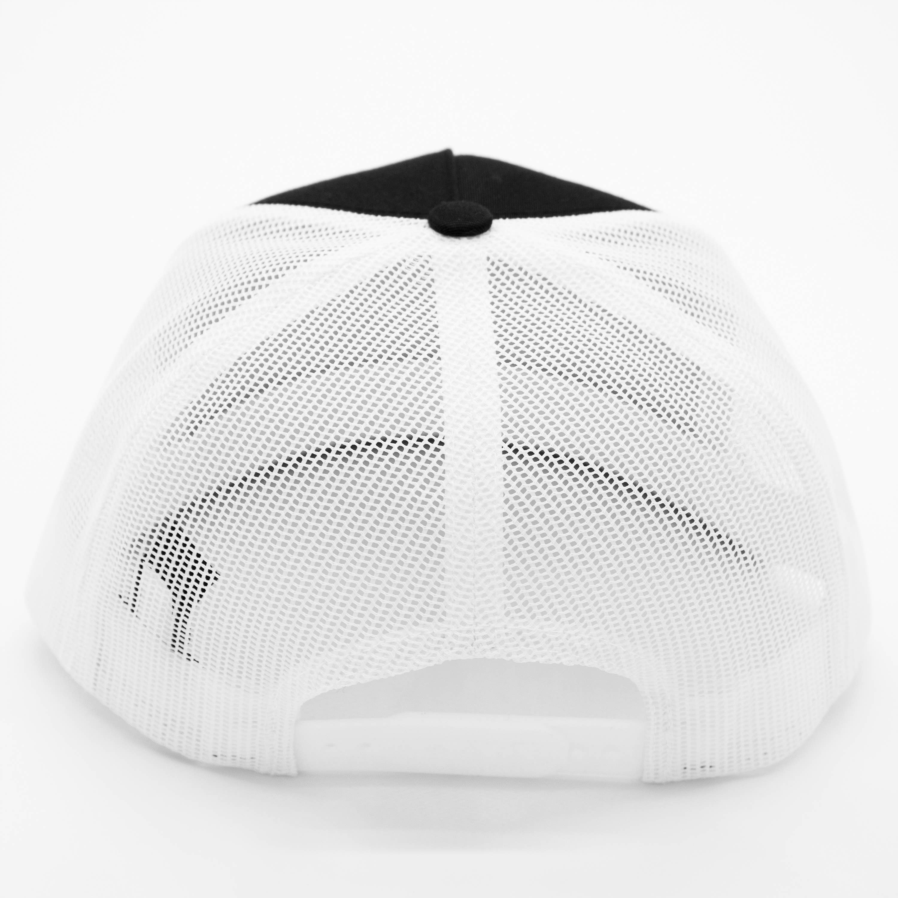 CUSTOM TEXT Raised Print Snapback Trucker Hats: All Black / White