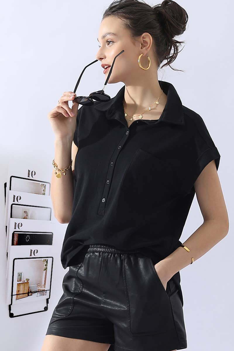 CWTTS698_JOHNNY COLLARS BUTTON CLOSER SHORT SLEEVE TOP: AQUA / (M) 1