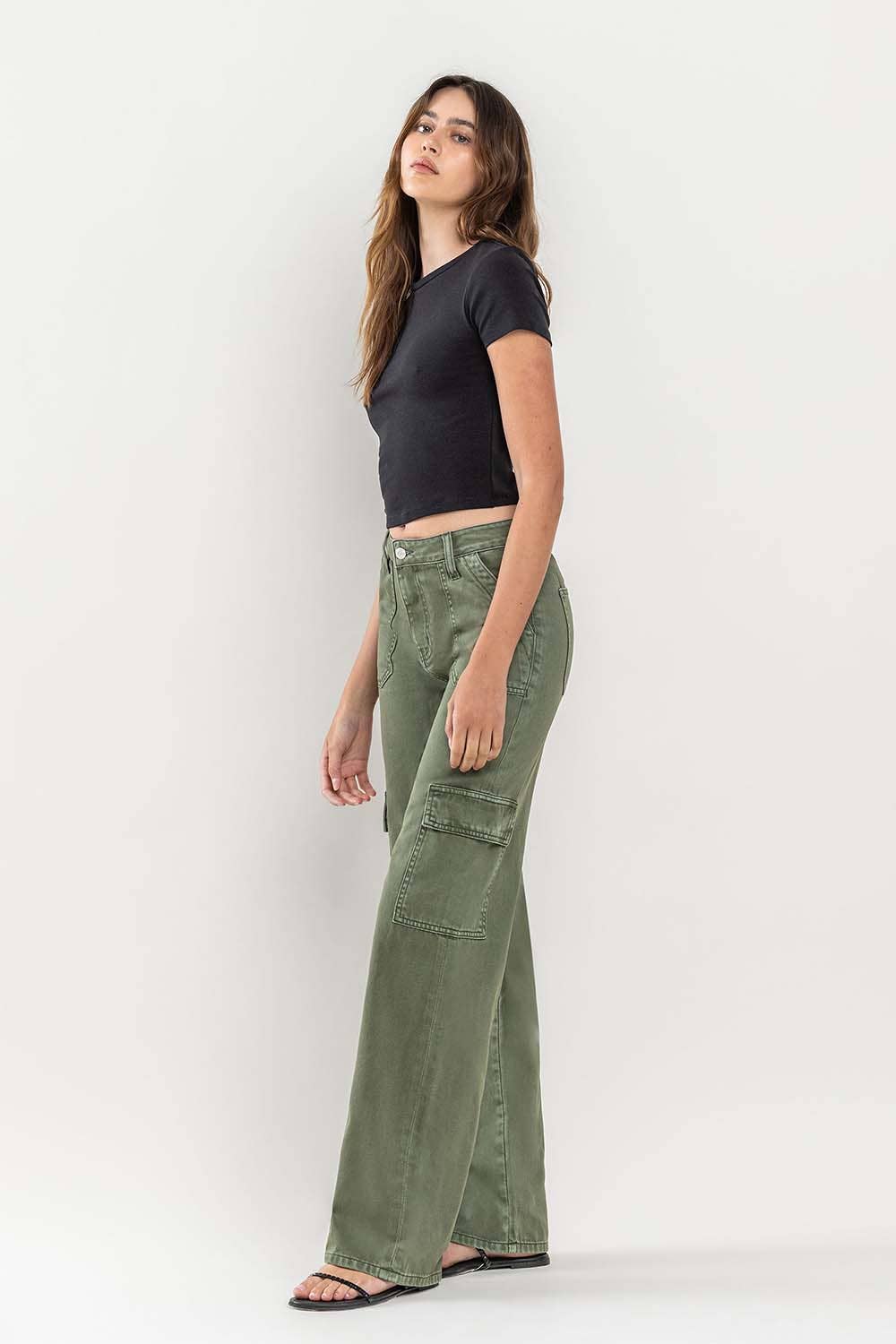 HIGH RISE UTILITY CARGO WIDE JEANS T5823TY: THYME / 27