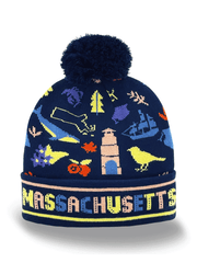 Massachusetts Knit Beanie Hat with Whale Lighthouse Bird Leaf Pattern Winter Pom Pom Beanie