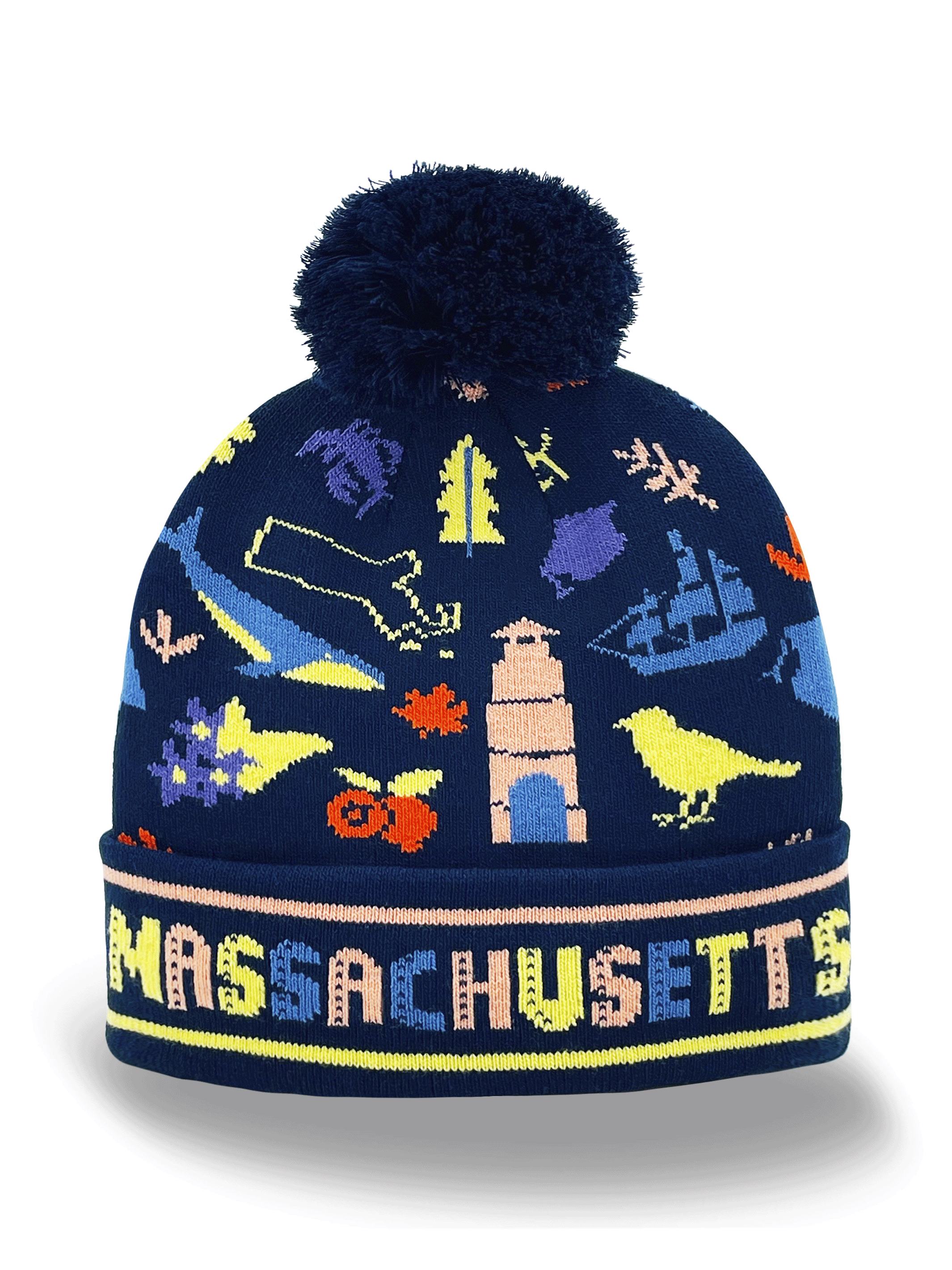 Massachusetts Knit Beanie Hat with Whale Lighthouse Bird Leaf Pattern Winter Pom Pom Beanie