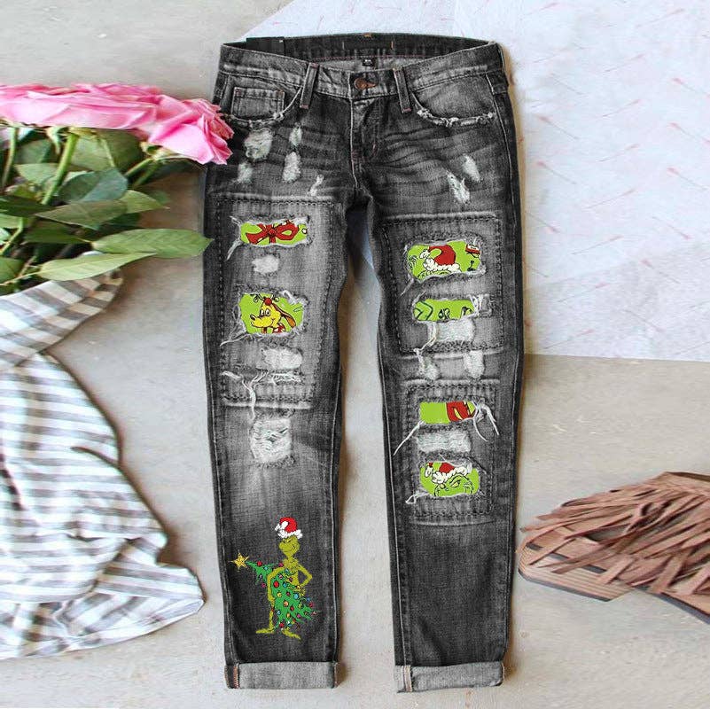 Women’s Distressed Straight Leg Jeans with Christmas: Dark Blue / S