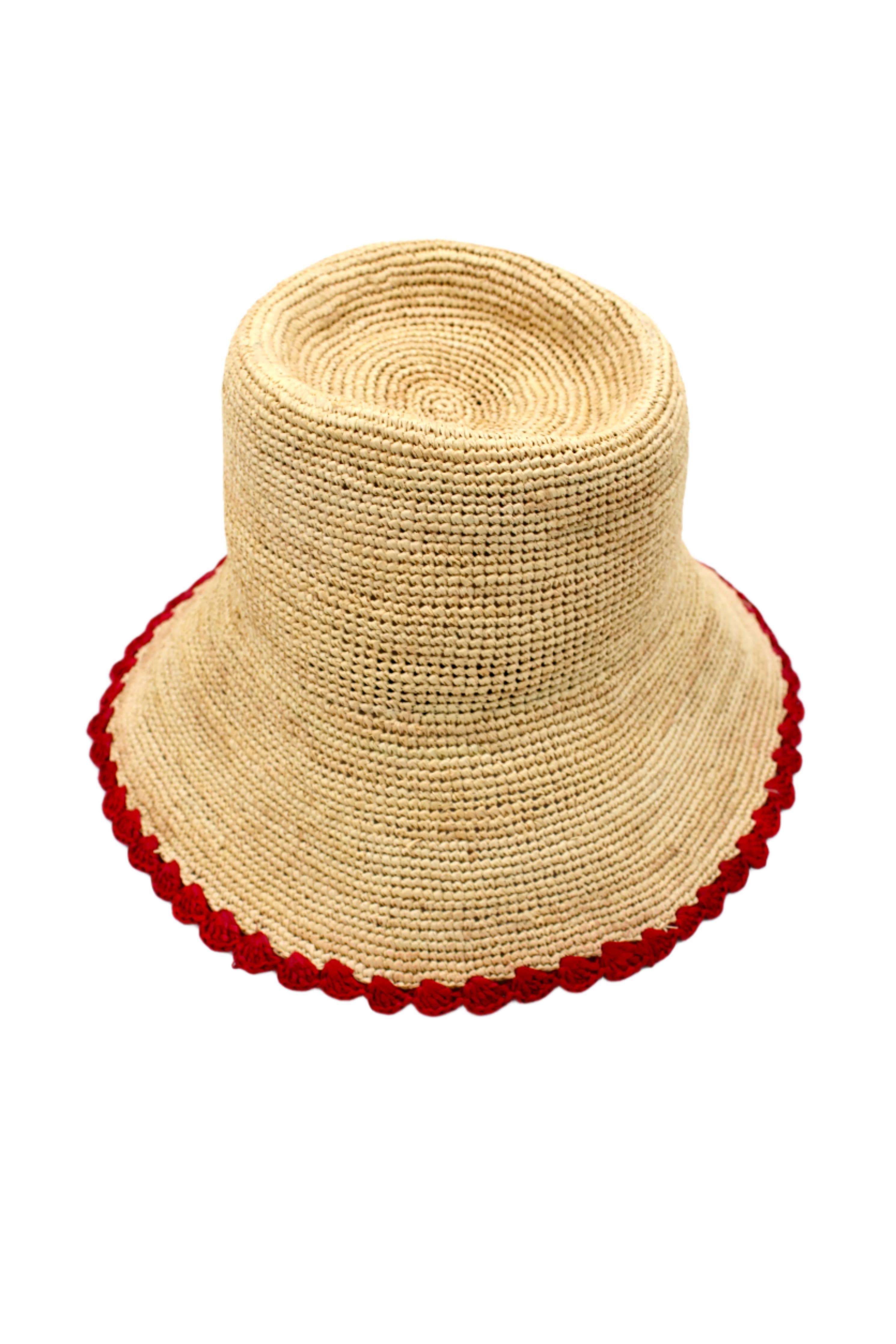 3" Kate Crochet Bucket Straw Hats W/ Colored Lace Weave Edge: Red