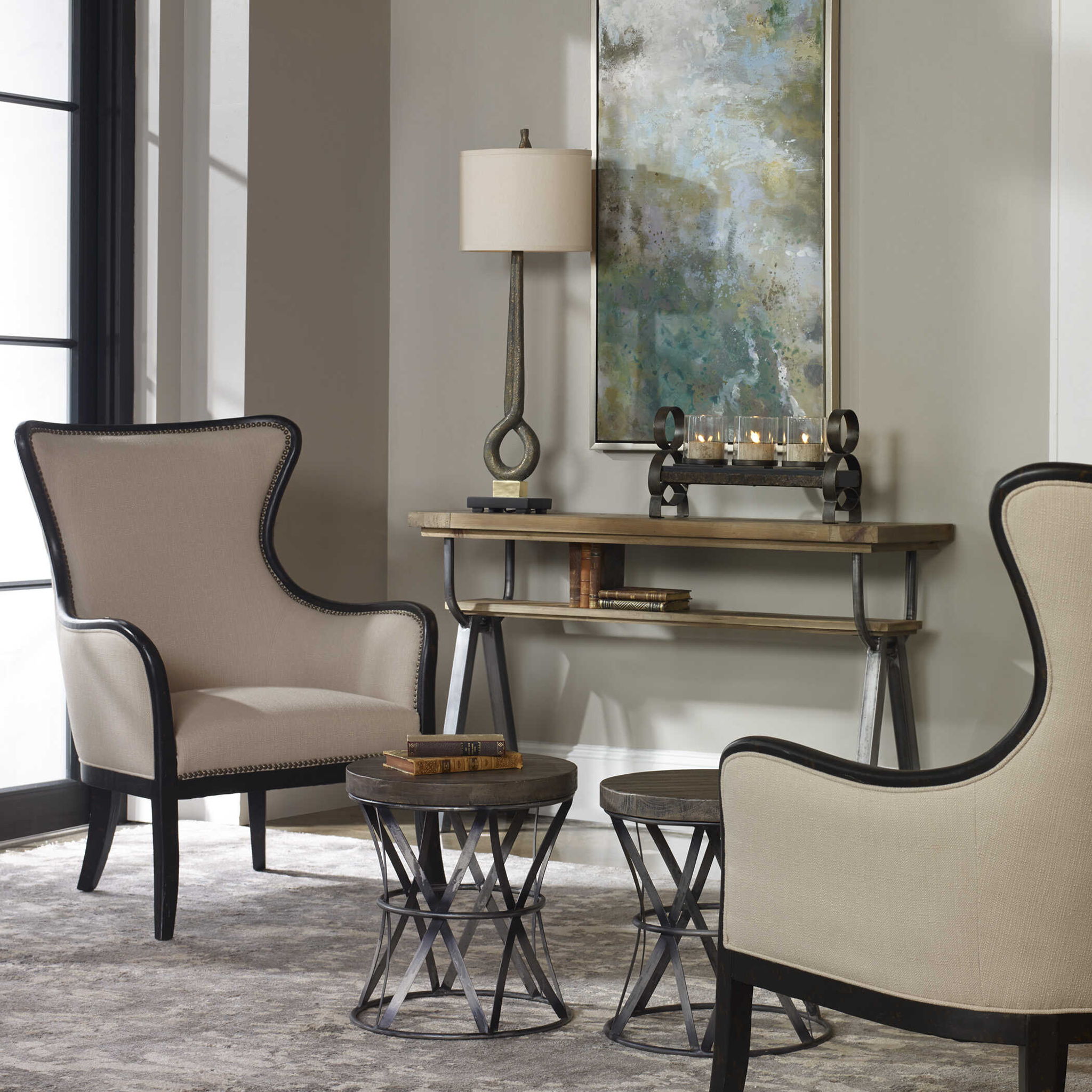 Sandy - Wing Back Armchair - Beige & Dark Brown