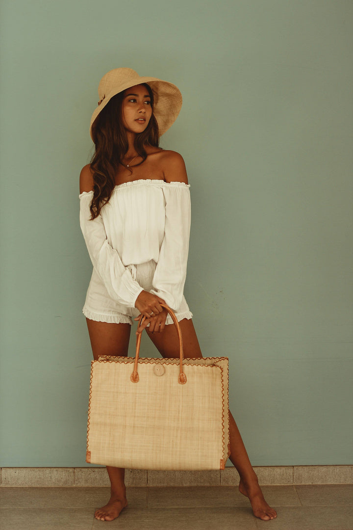 Zafran Solid Straw Beach Bag with Plastic Liner - 2 Sizes: Large / NATURAL