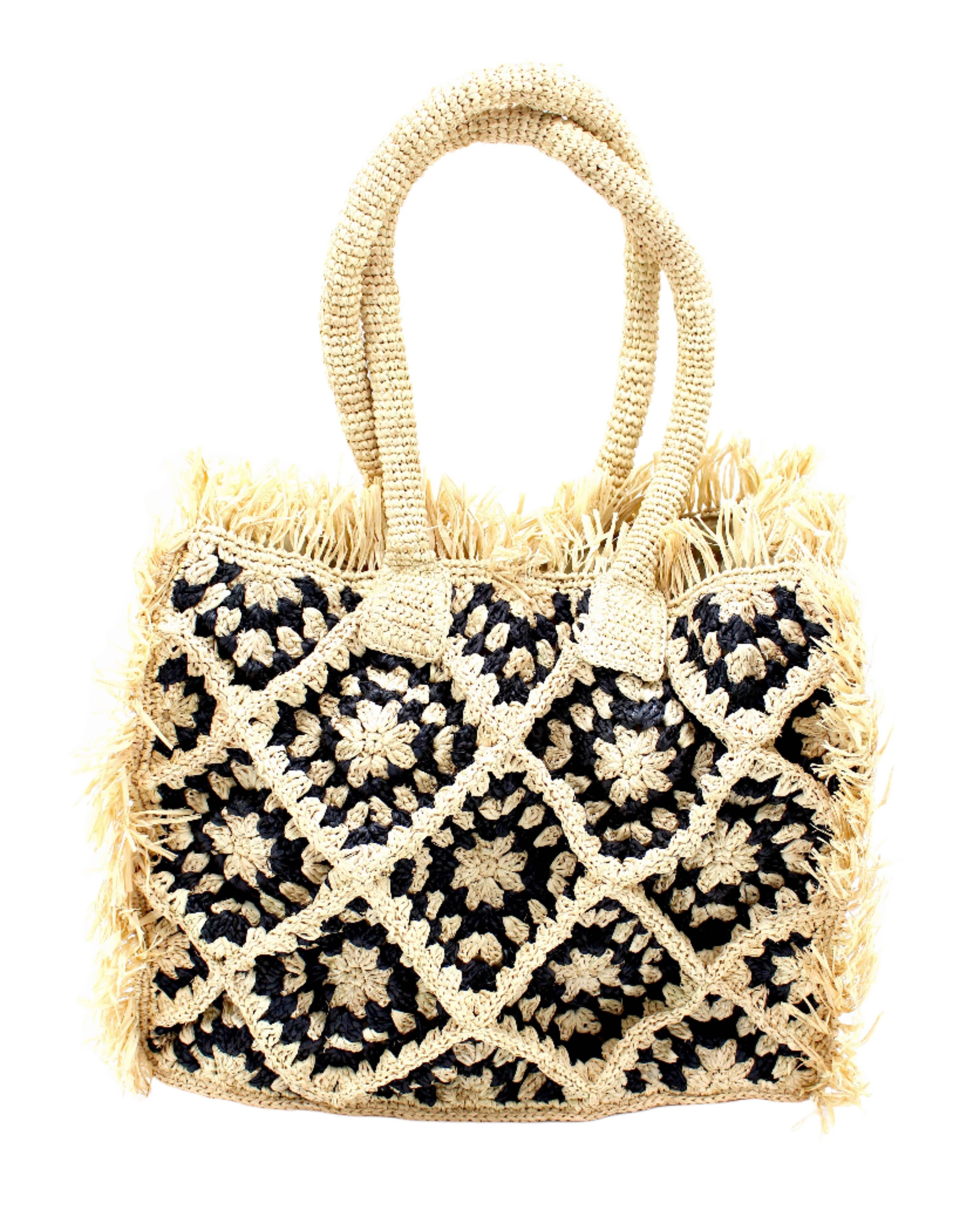 Leo Crochet Granny Square Pattern Fringed Straw Shoulder Bag: Cappuccino & Natural