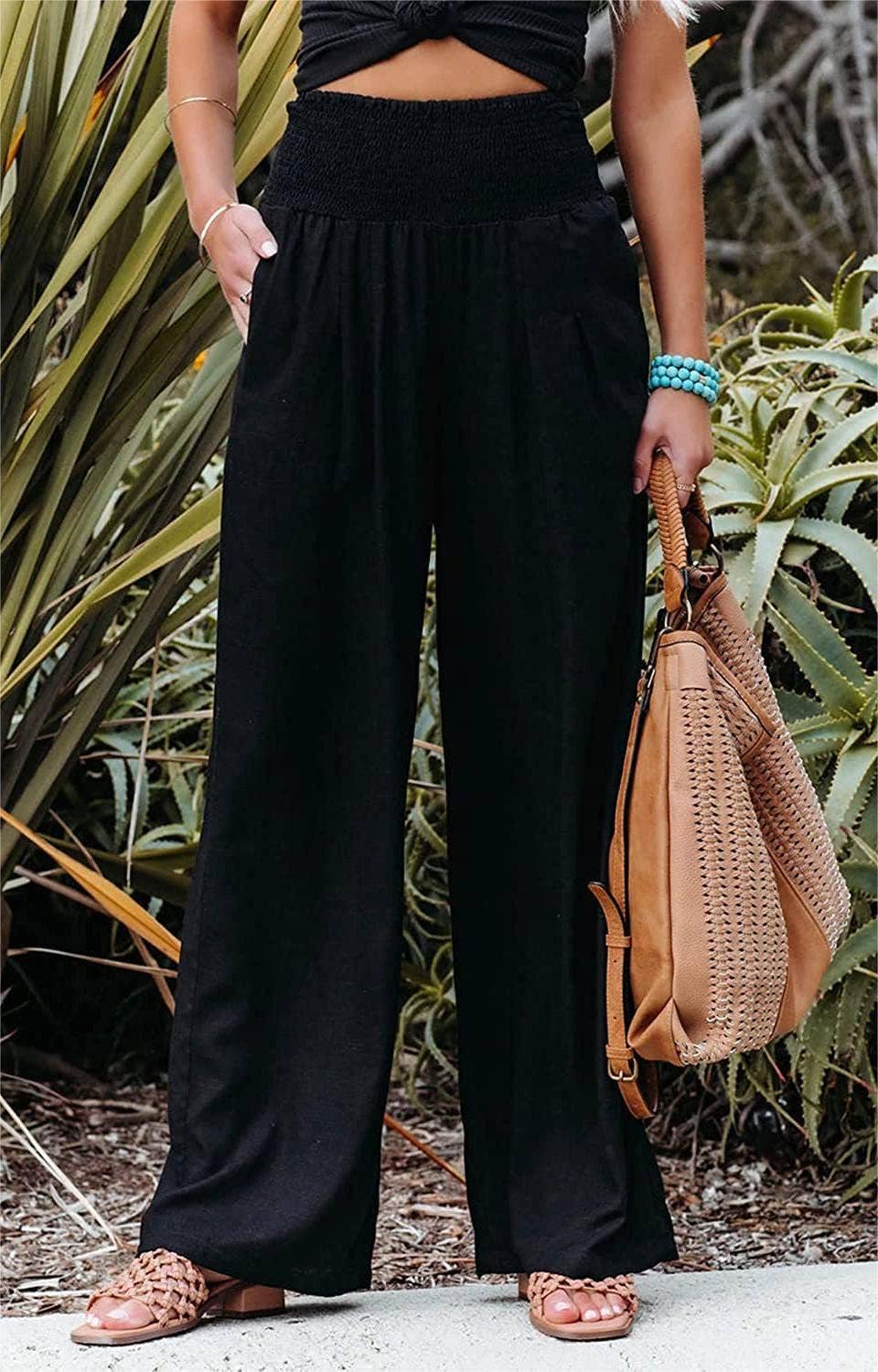 Women's slacks casual wide-legged pants wrap spring trousers: Black / XL