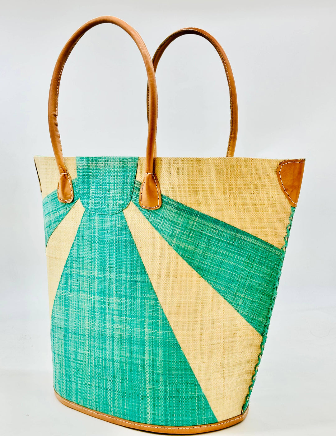 Sunburst Large Straw Tote Bag: Seafoam