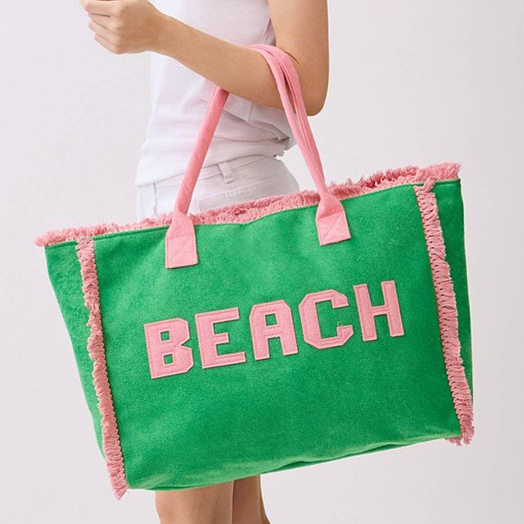 Embroidered Beach Letter Terry Cloth Frayed Tote Bag