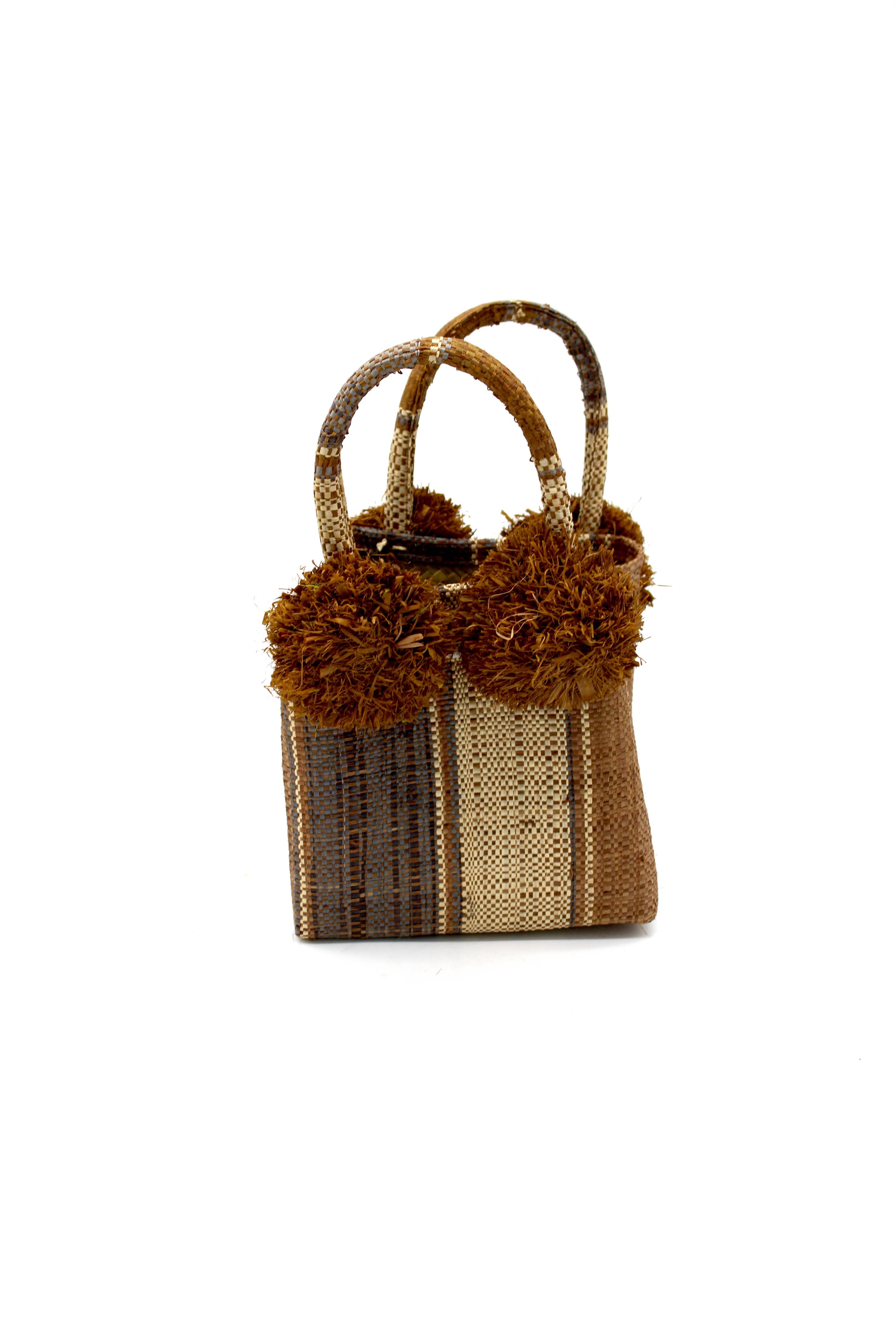 Schooner Straw Mini Bag with Pompom Accent: Black Two Tone Stripe