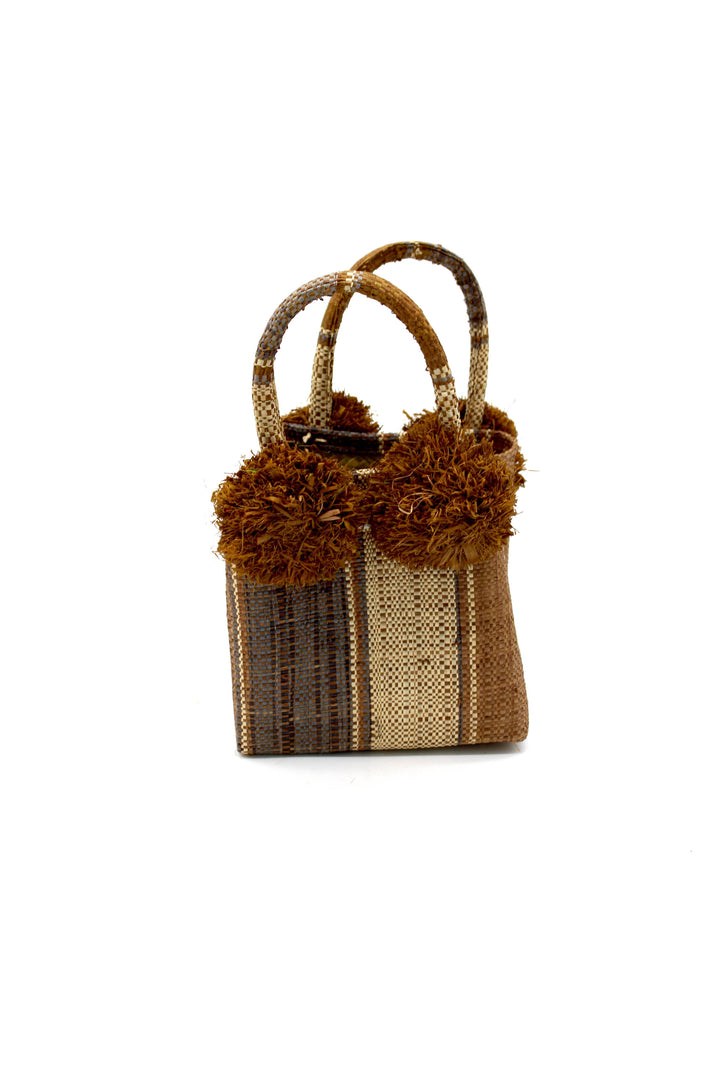 Schooner Straw Mini Bag with Pompom Accent: Black Two Tone Stripe