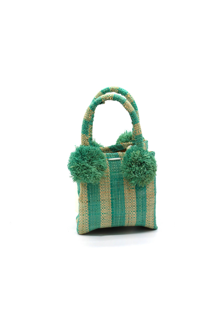 Schooner Straw Mini Bag with Pompom Accent: Black Two Tone Stripe