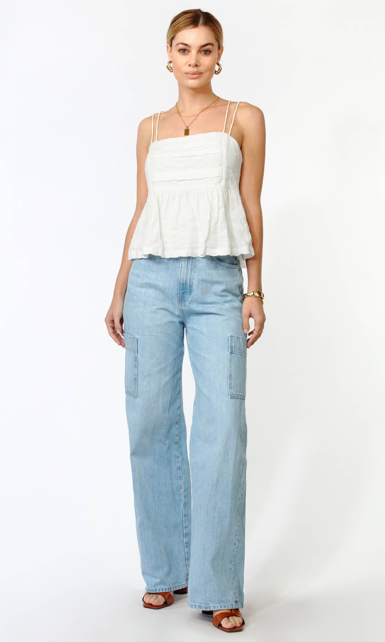 Kaila Pleated Textured Cotton Top: Large / White