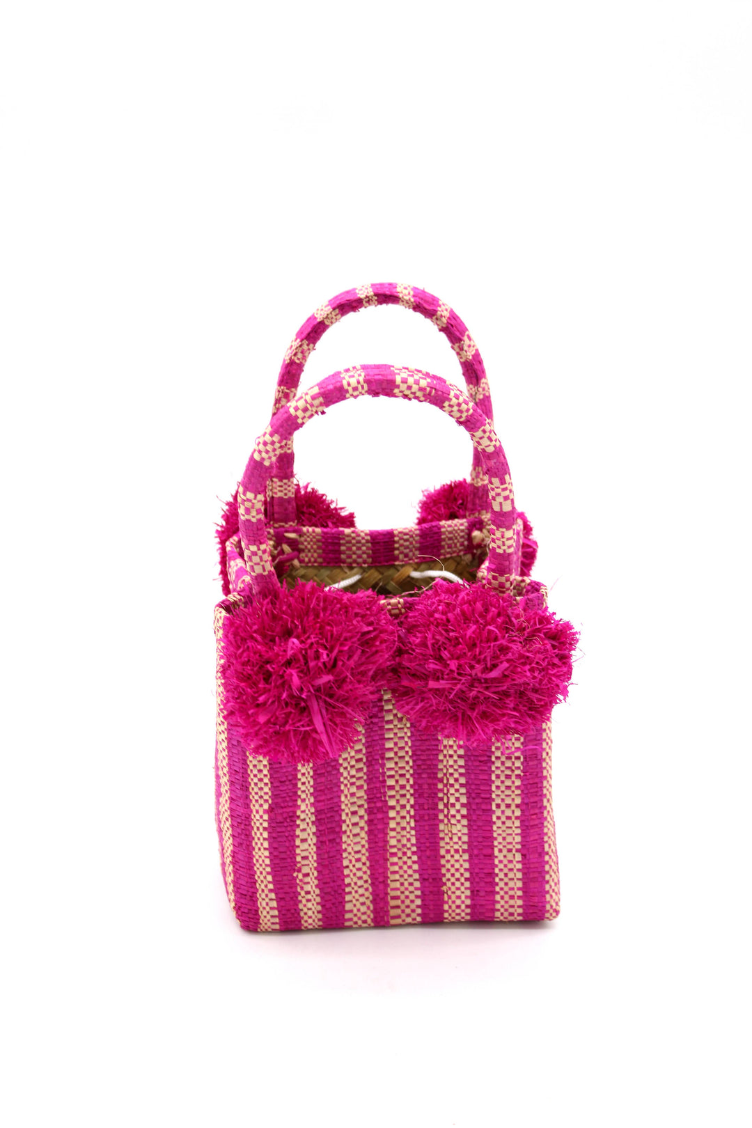 Schooner Straw Mini Bag with Pompom Accent: Black Two Tone Stripe
