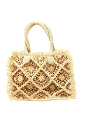 Leo Crochet Granny Square Pattern Fringed Straw Shoulder Bag: Cappuccino & Natural