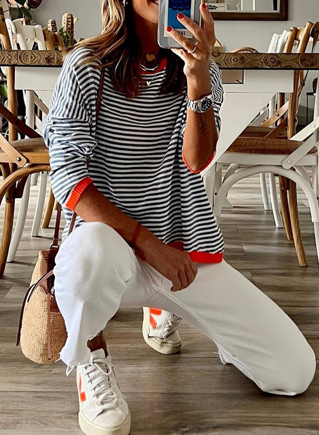 CWOSWL0811_ Long Sleeve Loose Neck Pullover Sweater: White / (S) 1