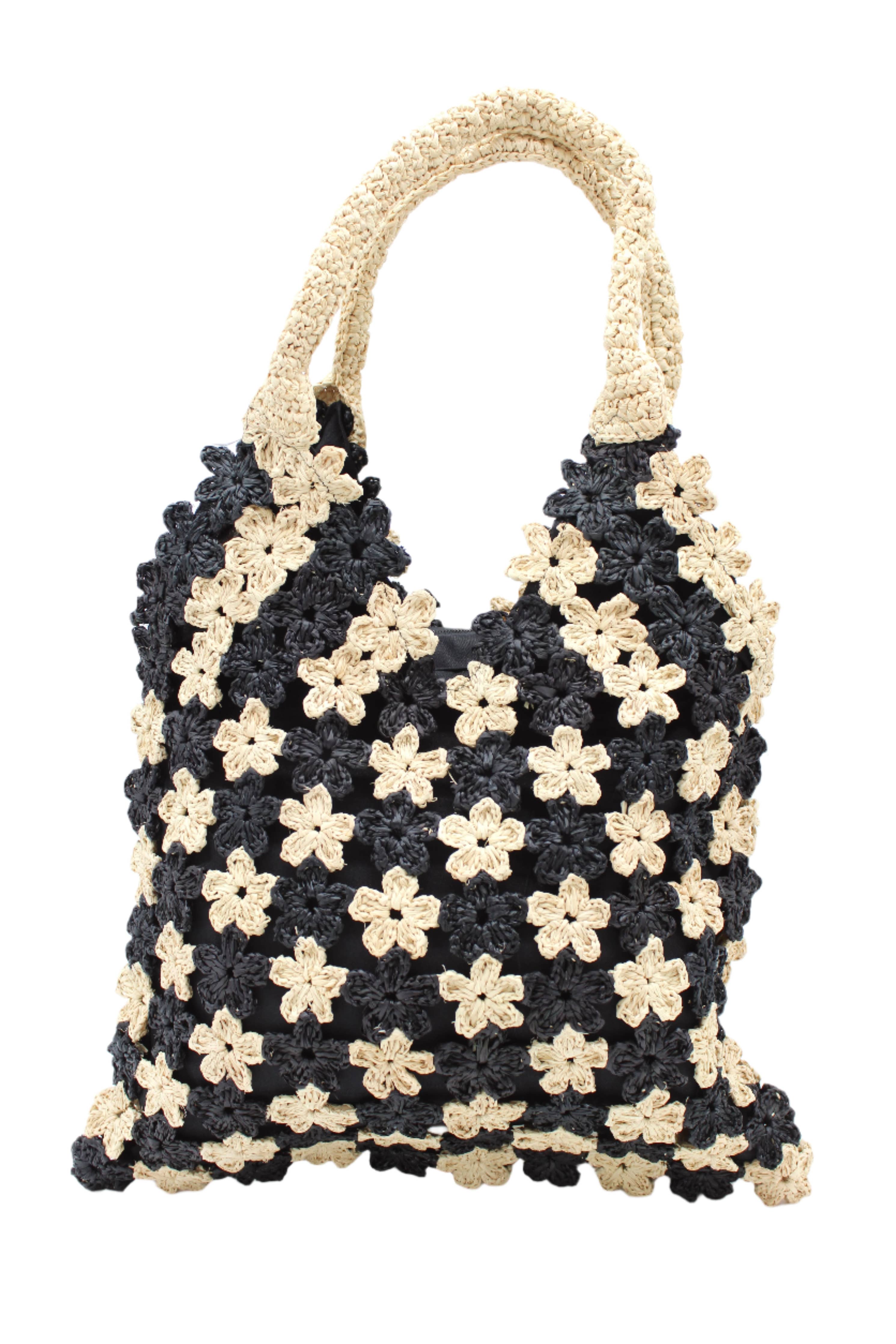 Amalie Two Tone Daisy Flower Crochet Straw Shoulder Bag: Cappuccino & Natural