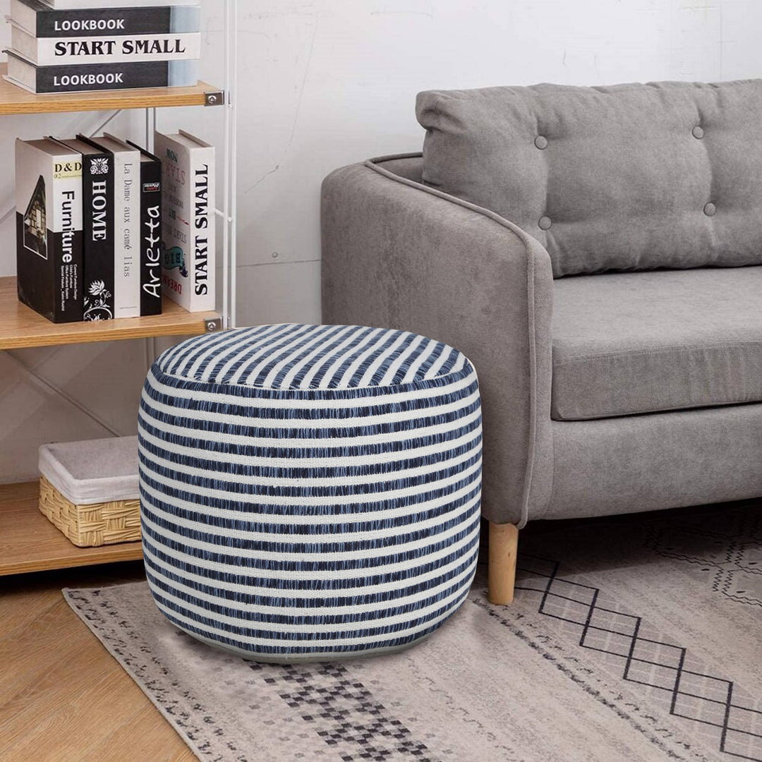 Blue and White Woven Stripe Pouf Ottoman