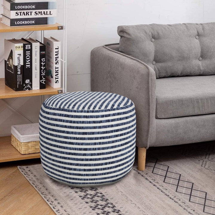 Blue and White Woven Stripe Pouf Ottoman