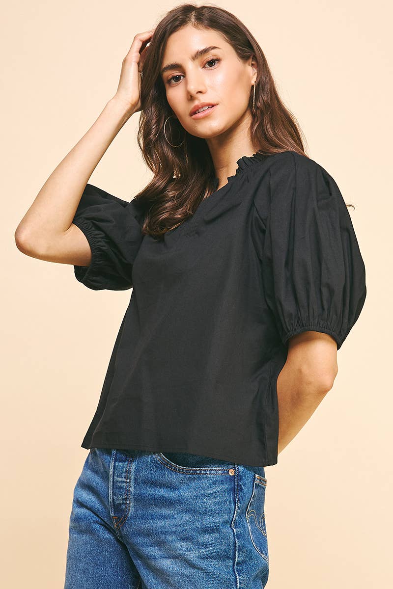 SS V-NECK WOVEN TOP - BLACK: M