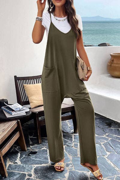 Pocketed Spaghetti Strap Overalls: Black / L