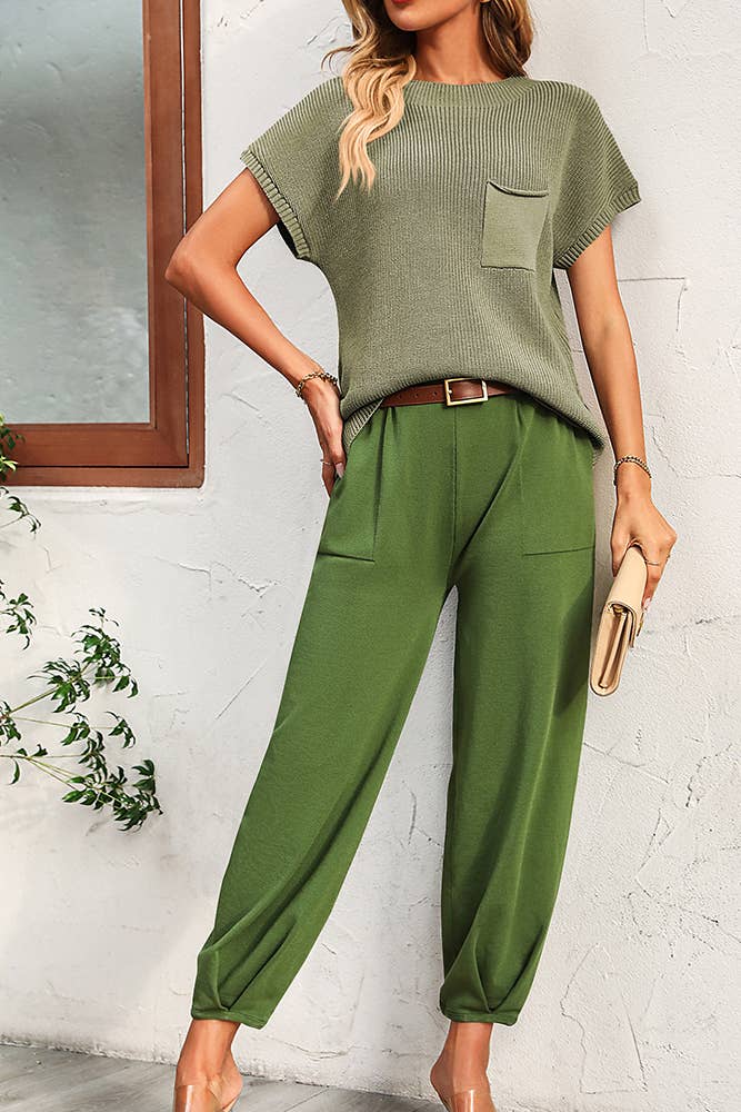 Plain Pocket Knit Top With Joggers 2pcs Pant Set MD092: Black / S