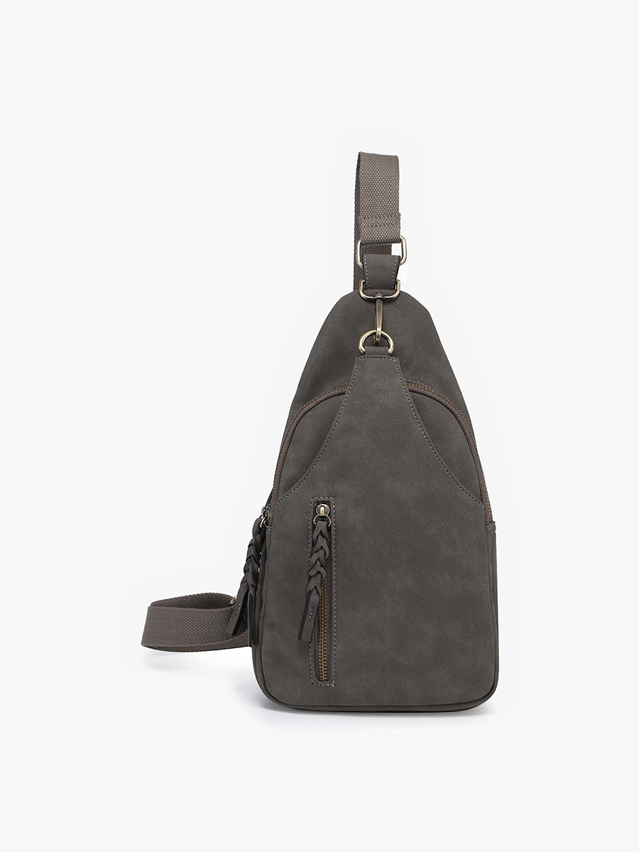 M2342SDE Nikki Faux Suede Dual Compartment Sling Pack Bag: Tan