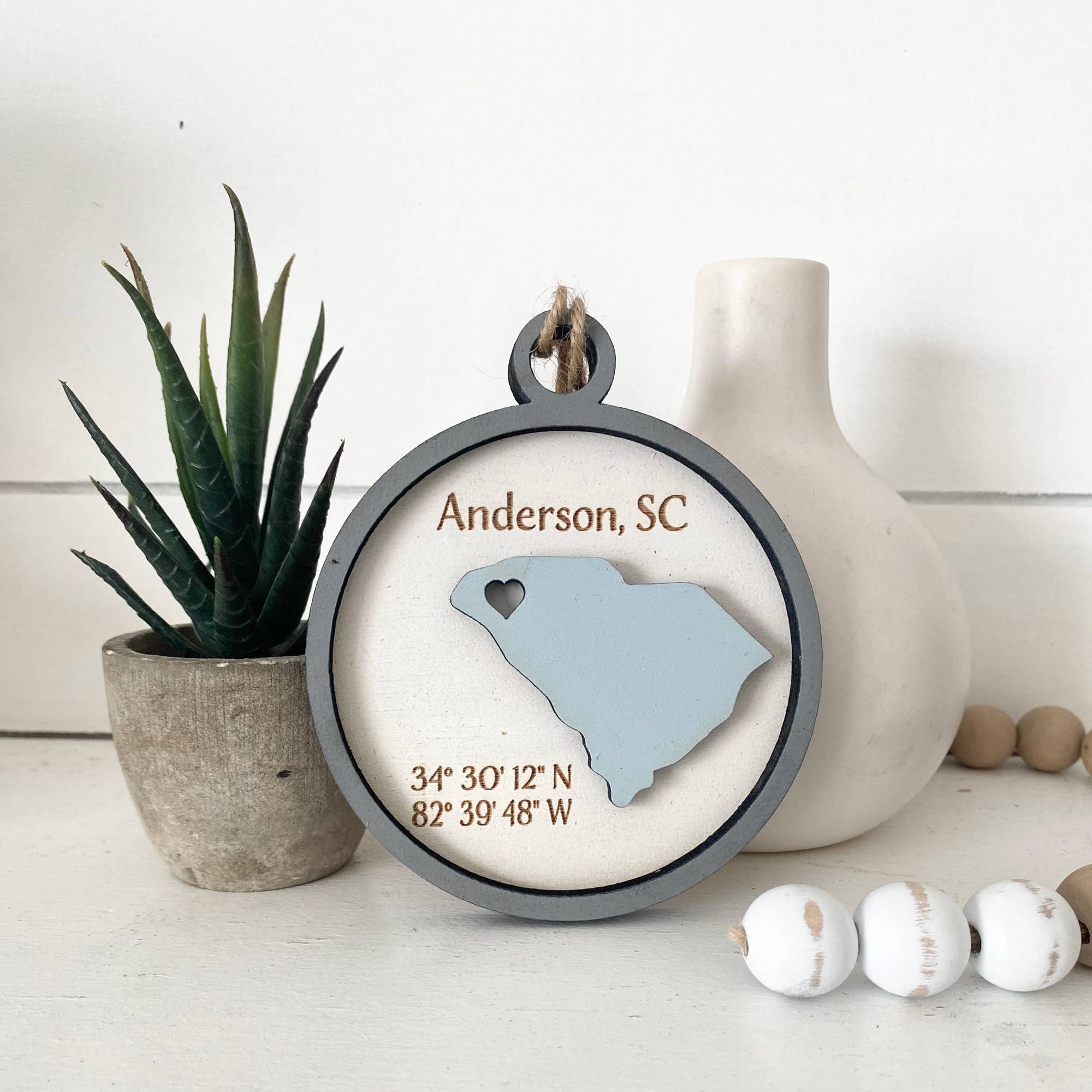 Ornament - "Any" City/State Wood Ornament or Gift Tag: Your Store Name Engraved / Blue