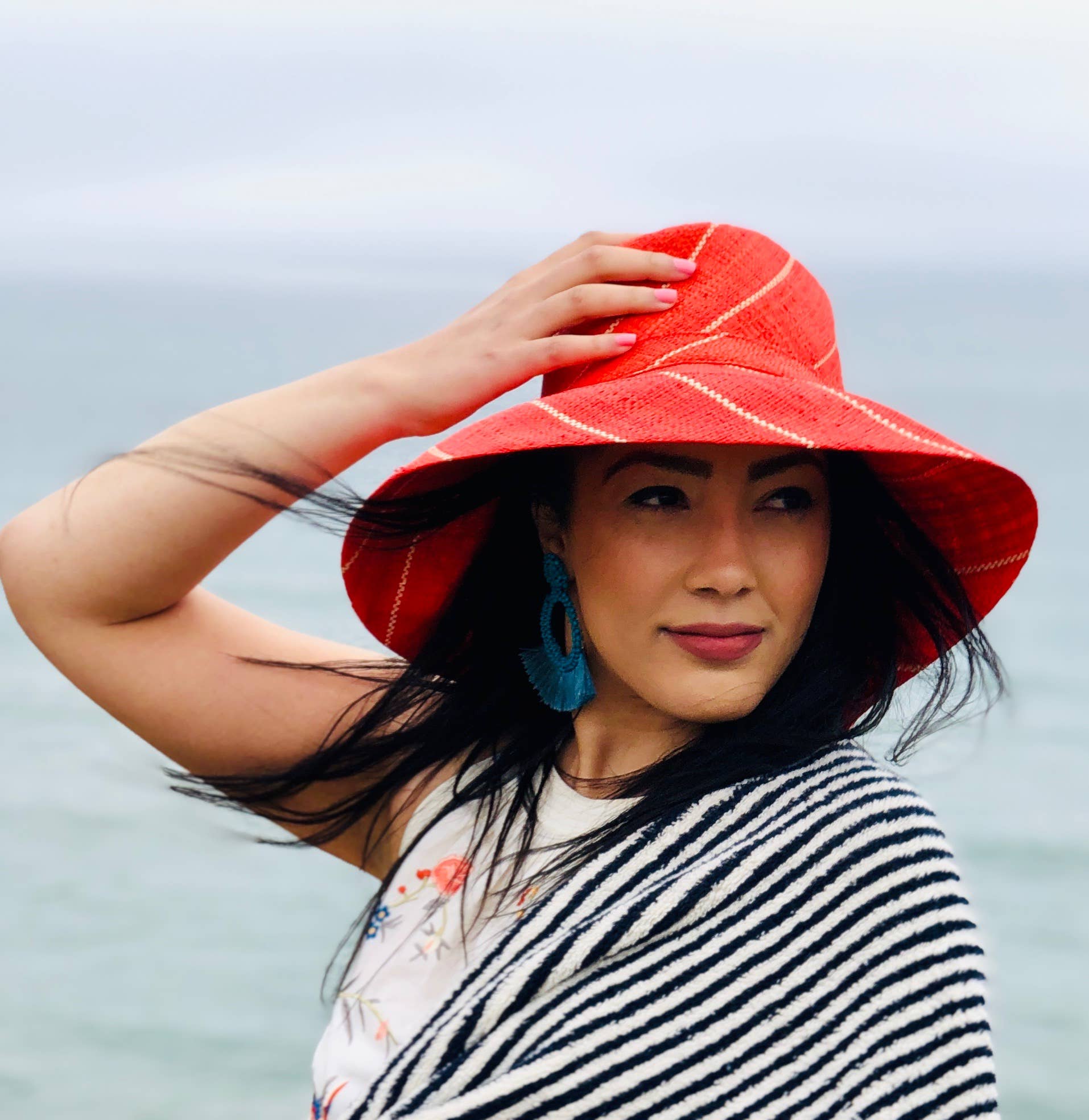 5" & 7" Wide Brim Pinstripe Packable Straw Sun Hats: Brights Multicolor Pinstripes / 7" Brim