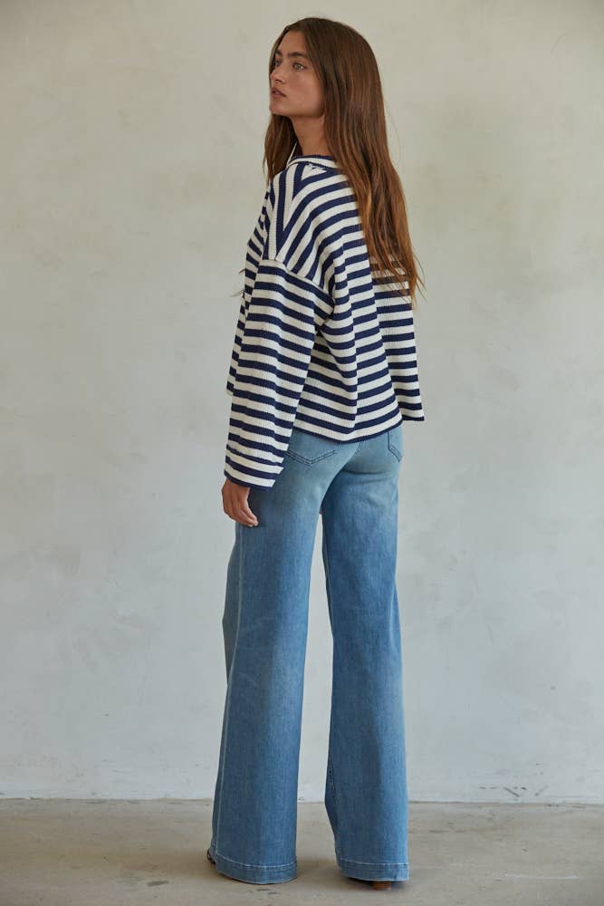 RJ3353 | Knit Striped V-Neck Long Sleeve Pullover Top: Ivory Navy / S