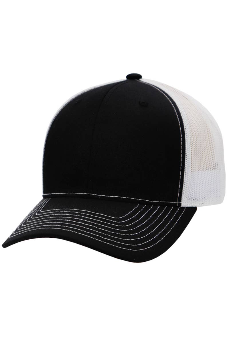 Sleek Black Front Six Panel Curved Bill Trucker Hat: Black