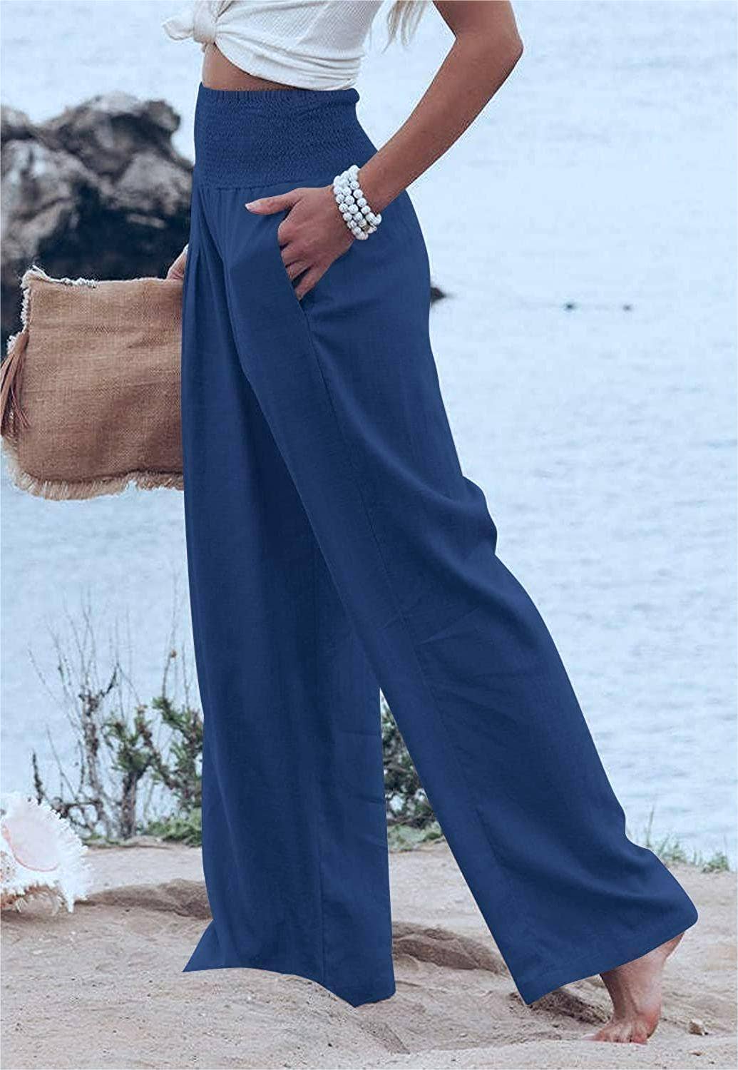 Women's slacks casual wide-legged pants wrap spring trousers: Brown / L