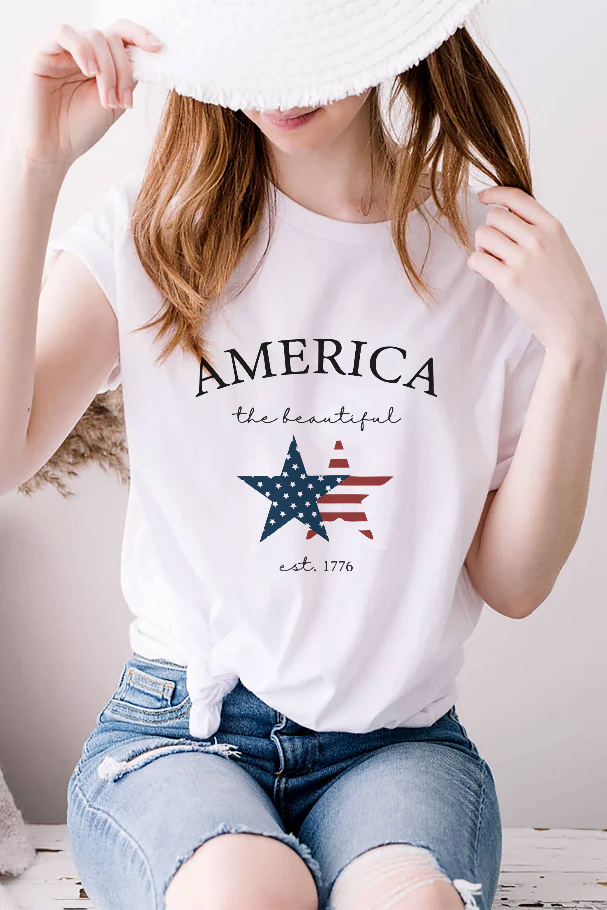 America The Beautiful, 4th of July, UNISEX Round Neck T-Shirt: M / Dusty Rose