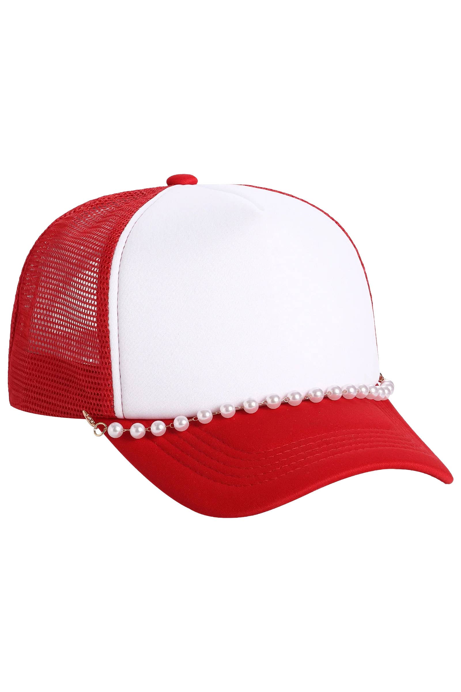 Faux Pearl Chain Foam Mesh Trucker Hat: WHITE/HOT PINK / ONE SIZE