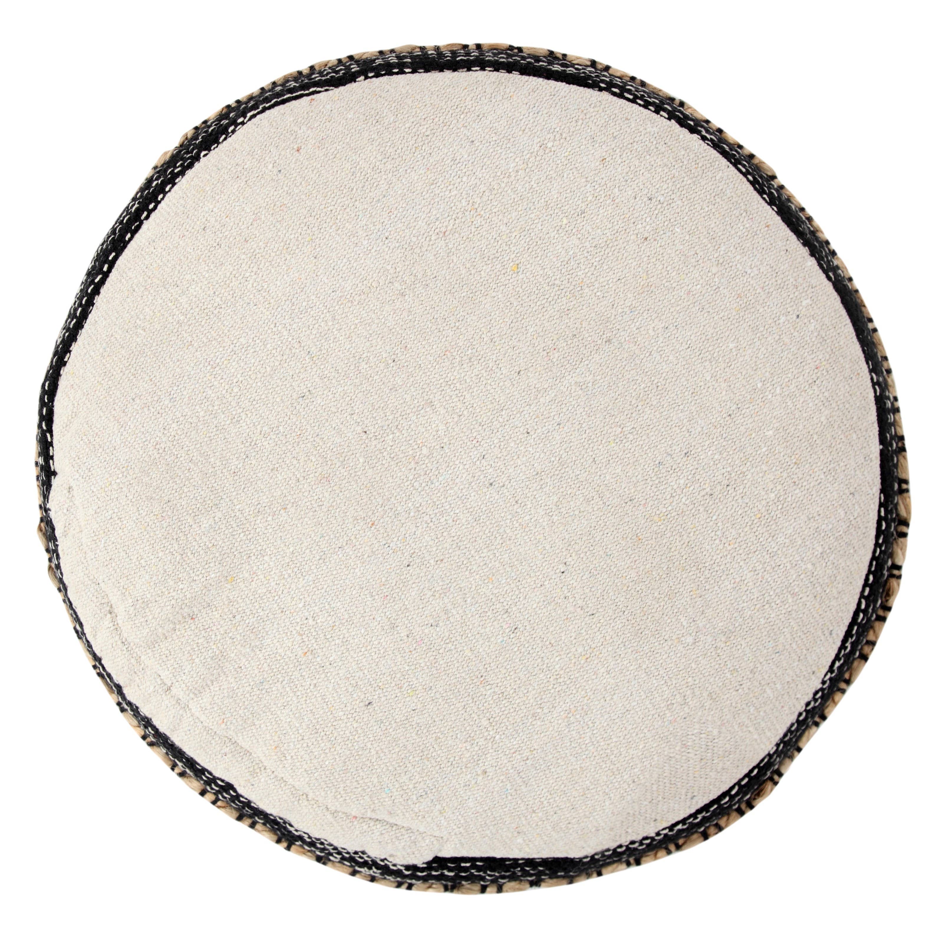 Modern Boho Striped Jute Pouf Ottoman: Black/White/Tan