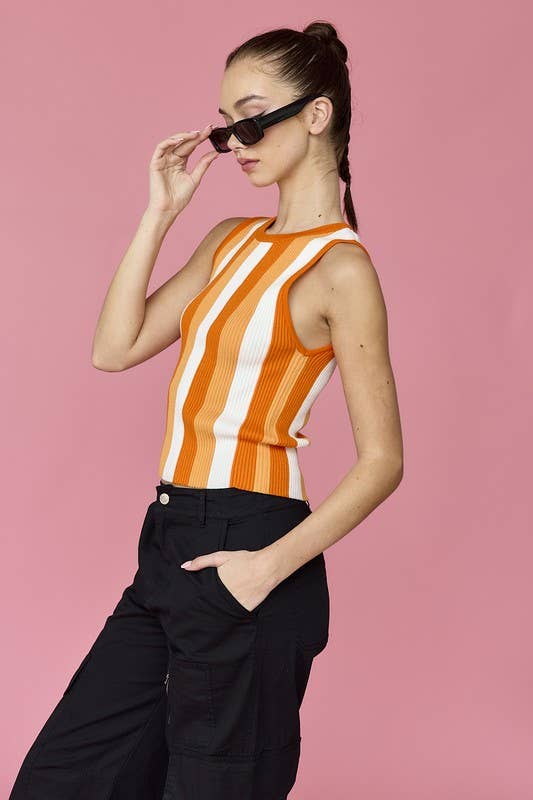 PT18139 - Isabella Striped Rib Knit Top: L / Orange