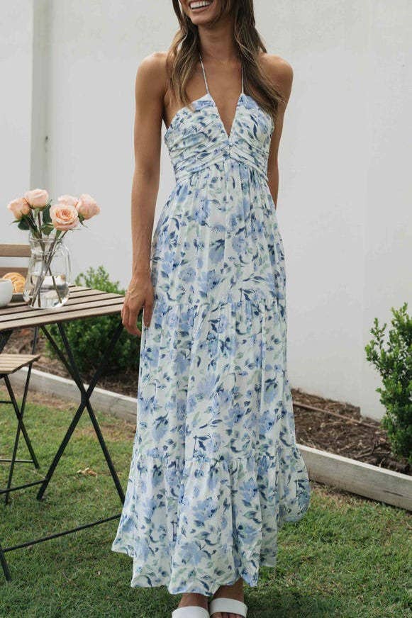 Plunge halter backless floral swing maxi sun dress: Orange / M