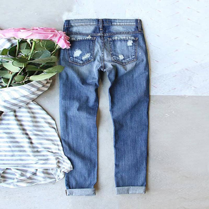 Women’s Distressed Straight Leg Jeans with Christmas: Dark Blue / L