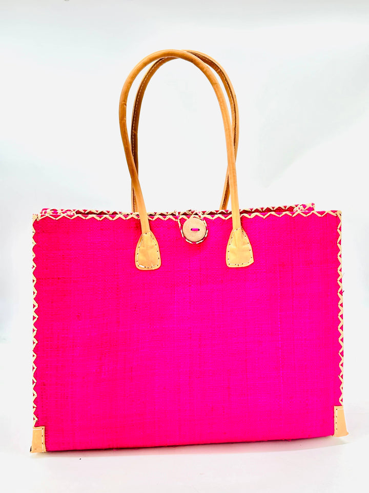 Zafran Solid Straw Beach Bag with Plastic Liner - 2 Sizes: Large / TOBACCO
