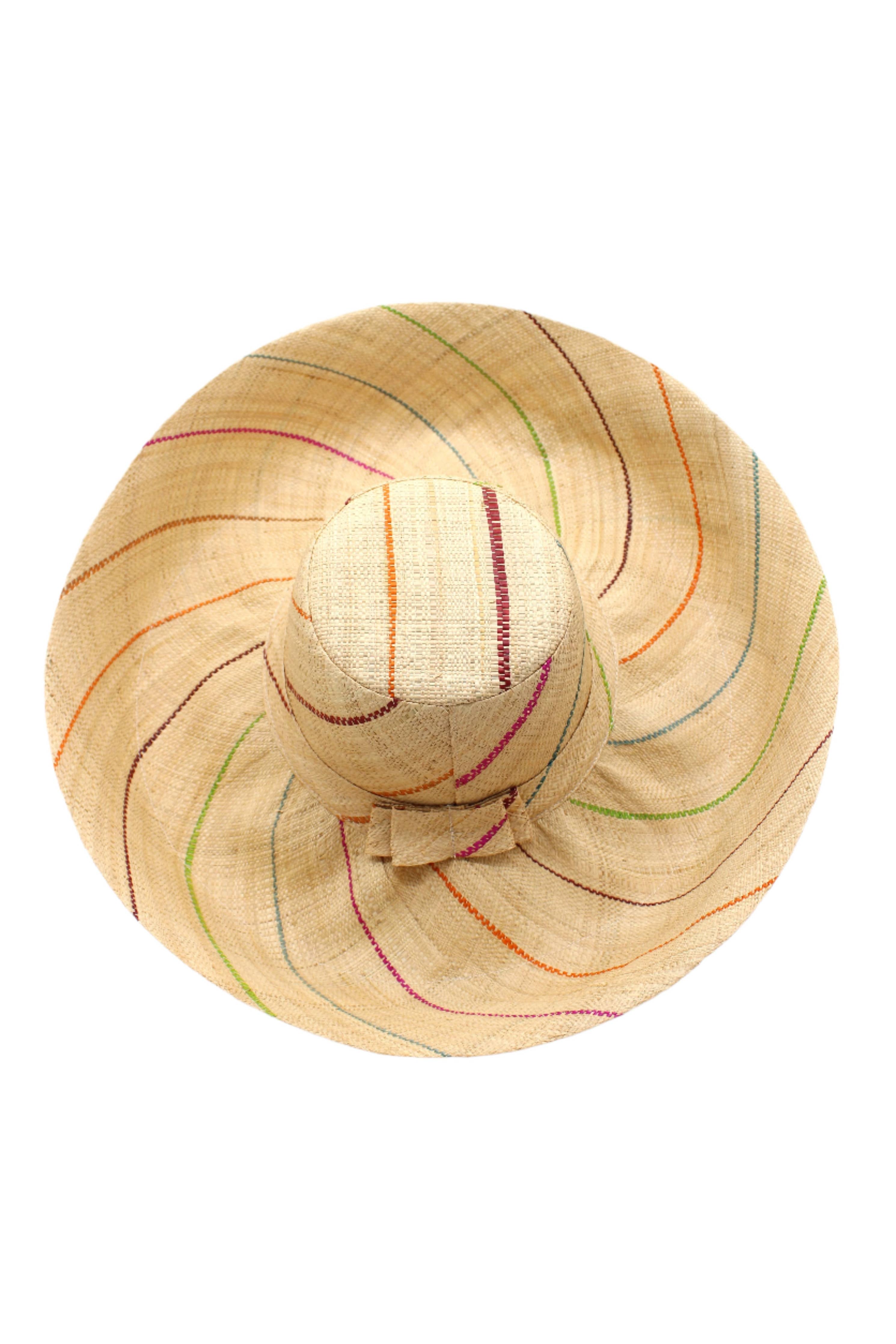 5" & 7" Wide Brim Pinstripe Packable Straw Sun Hats: Brights Multicolor Pinstripes / 7" Brim