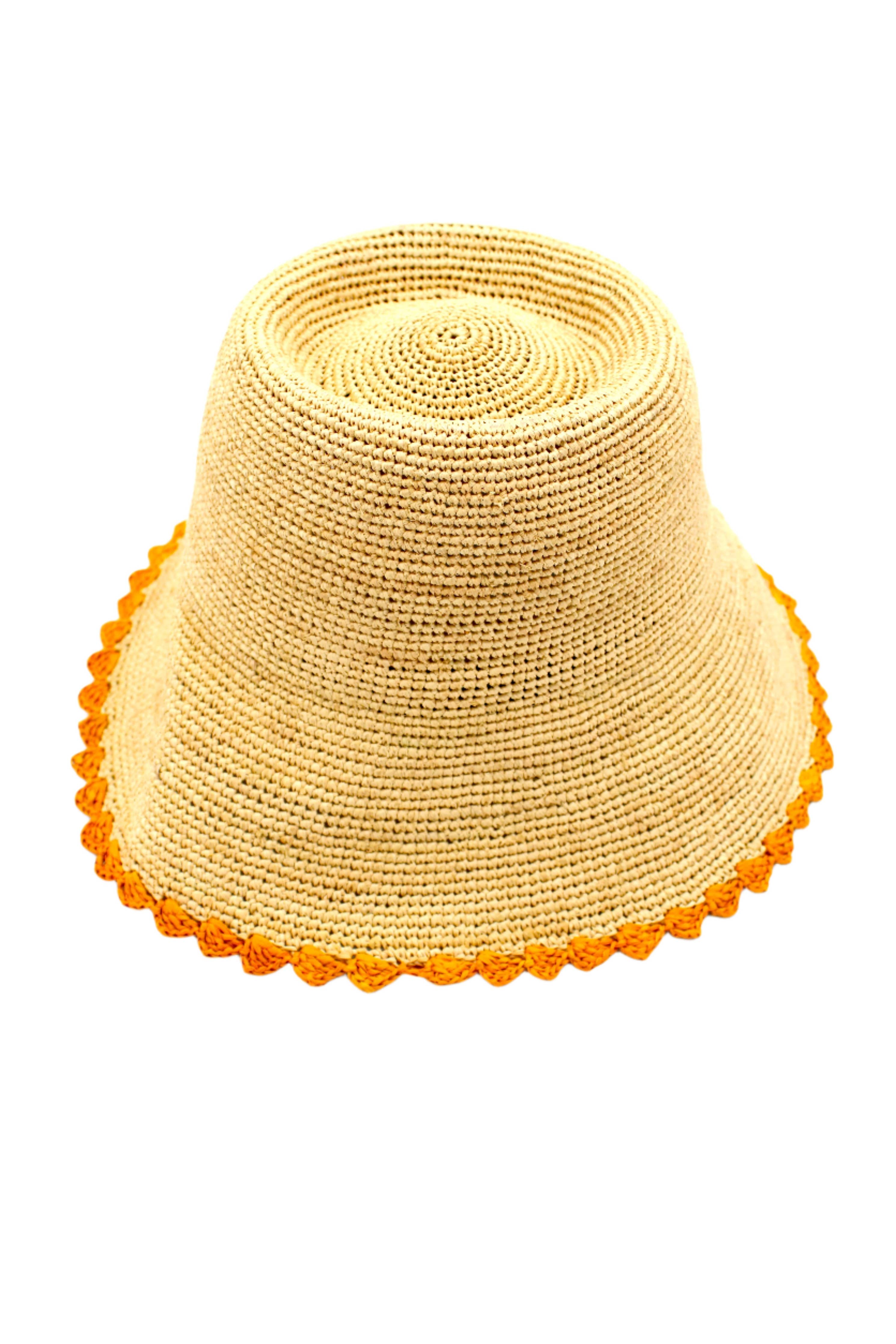 3" Kate Crochet Bucket Straw Hats W/ Colored Lace Weave Edge: Saffron