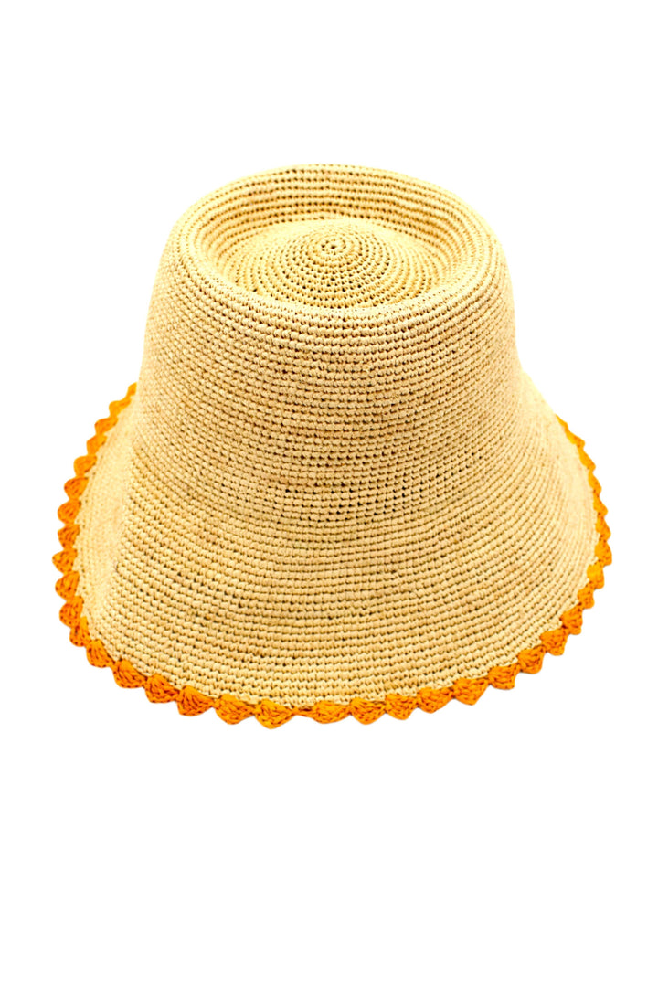 3" Kate Crochet Bucket Straw Hats W/ Colored Lace Weave Edge: Saffron