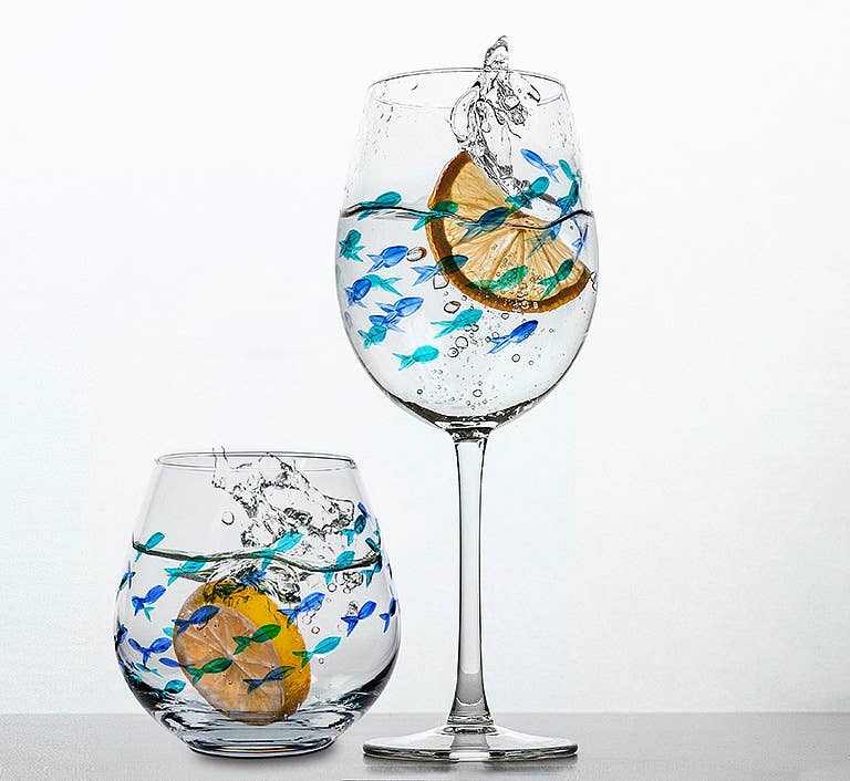 Blue & Green Etched Fish Wine Glass: Stemless Goblet (21oz)
