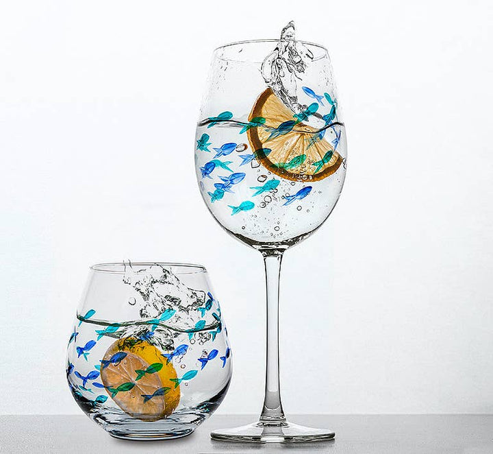 Blue & Green Etched Fish Wine Glass: Stemless Goblet (21oz)