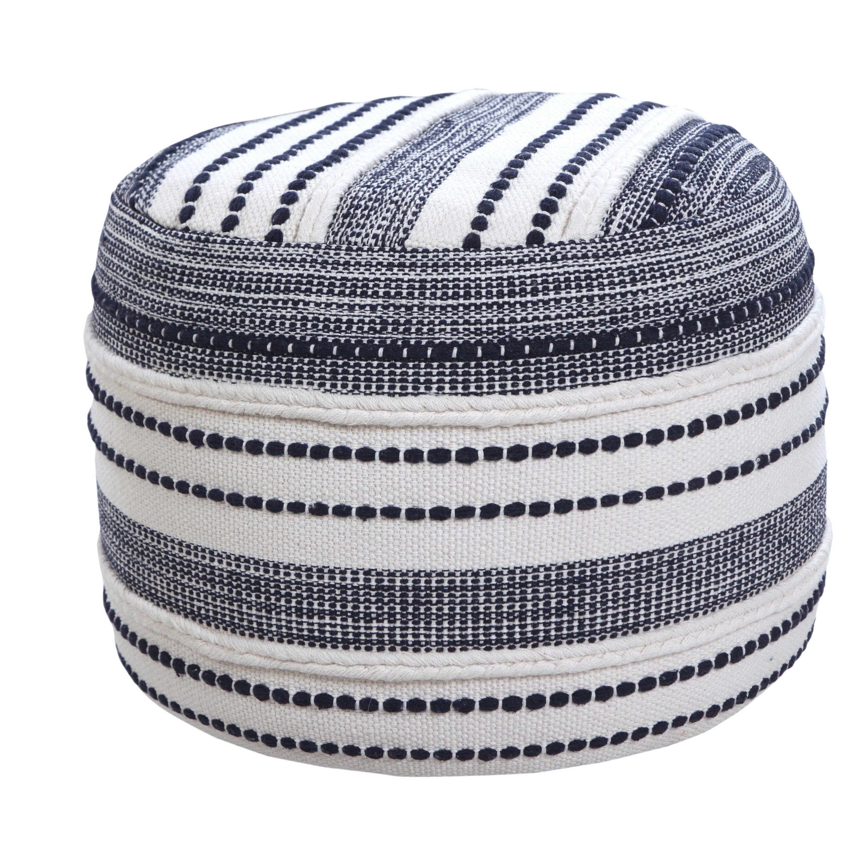 Navy and Ivory Seaside Striped Textured Pouf Ottoman: Blue/White
